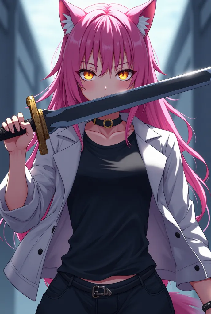 (maximum quality, best quality,  official art , full body, beautiful and aesthetic:1.2)  a werewolf girl anime, anime style, fair skin,  pink hair,  golden eyes, white jacket,  black t-shirt,  black pants, Serious and cold expression , wielding a heavy swo...