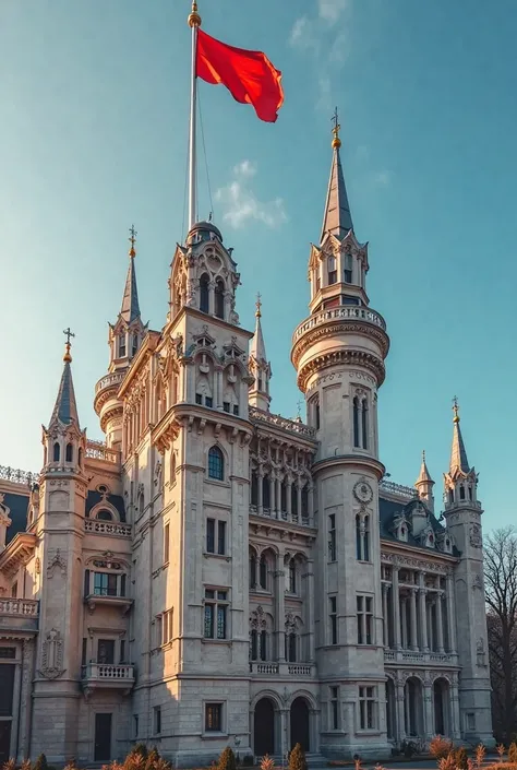 Social media cover photo of a grand palace with balconies, with flag pole 