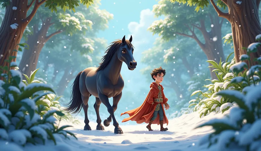 A young man like a prince walking with a black horse in jungle in snow, 3D animation, cartoon