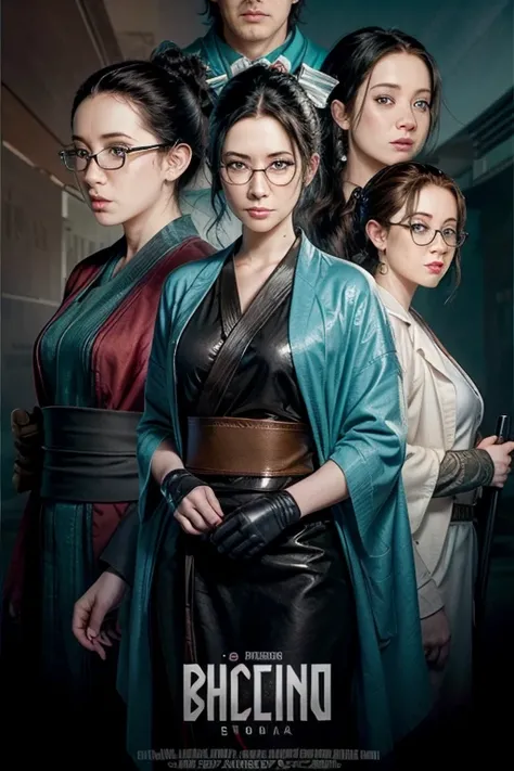 A dramatic movie poster with 3 central figures, a trio of characters. A white samurai, with black hair and a ponytail, wearing a turquoise kimono with brown details carrying a katana. A Russian woman wearing a black overcoat, with short black hair and pale...