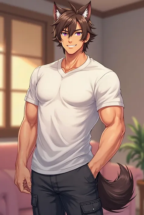 Anime style, full body, adult man with medium length brown hair, purple eyes, wolf ears and wolf tail, no human ears, toned build, wearing a white t-shirt and black cargo pants, smiling, cozy setting.