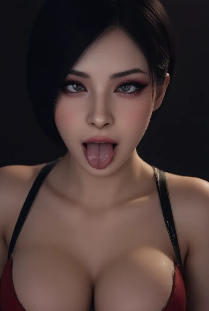 photo of a gorgeous busty korean bimbo sticking out her tongue, ahegao face, moaning face, naked, view from above, kneeling on the floor, she is moaning, close up, looking up, dramatic cinematic lighting, highly detailed, stunningly attractive moaning face...