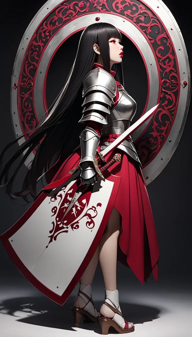 full body、knight、thick lips、 depression、 20 years、 Woman、 Black hair 、  Red Cheeks 、 PINK LIPS、 long straight hair、plum、hime cut、 simple bottom、Profile support  、full body、with a shield and sword、  photographed with a wide-angle lens 