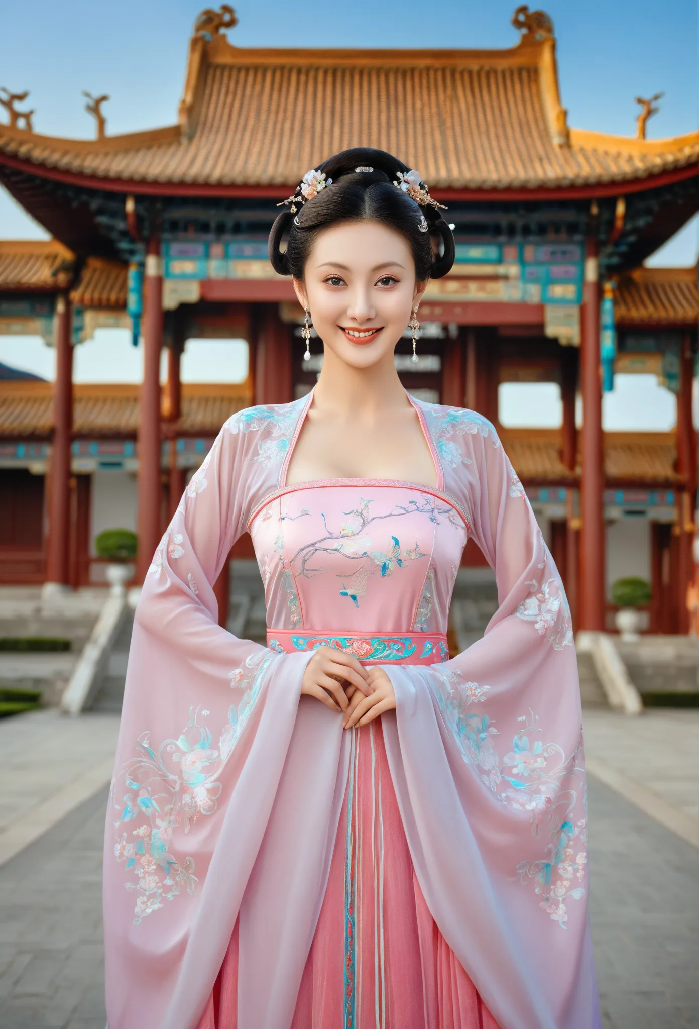 Photo, beautiful woman, looks at one woman, smiles, Fairy，Symmetric，bright eyes， smooth skin，Chinese Tang Dynasty Cheongsam,Self-centered,Hai Van，Air Van，palace，Long Flowing Sleeves， beautiful background, solo, Hi-Res, masterpiece, anatomically correct, Be...