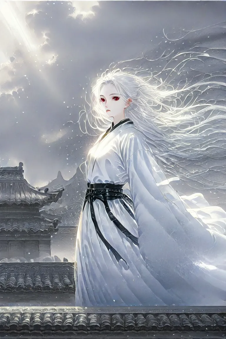 Anime-Style Prompt: A White-Haired Martial Artist on a Rooftop A striking anime-style illustration of a fierce white-haired female martial artist standing atop a traditional Asian rooftop, her piercing red eyes staring into the distance. Her long, flowing ...