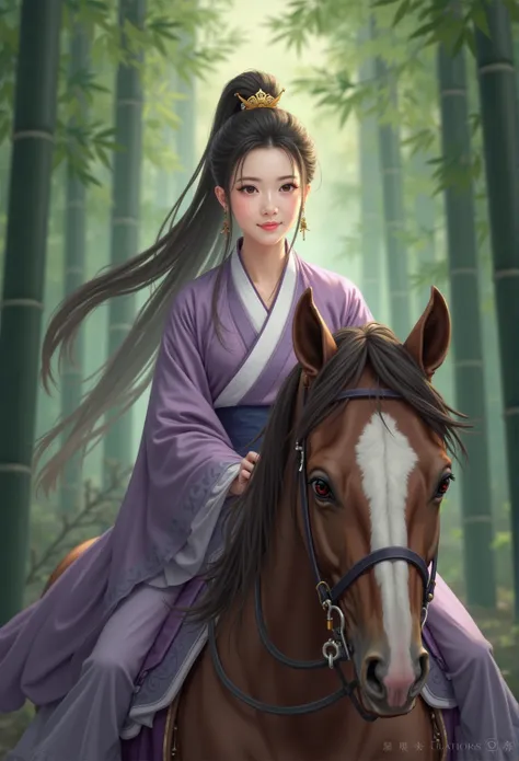 A woman in a traditional costume is riding a horse through a bamboo forest, Hanfu, looks at one woman, palace ， A girl in Hanfu, purple,Hanfu, Wuxi, Full body martial arts, Carafe woman wearing old Chinese clothes , Cyansia Fantasy,  ancient Chinese clothi...