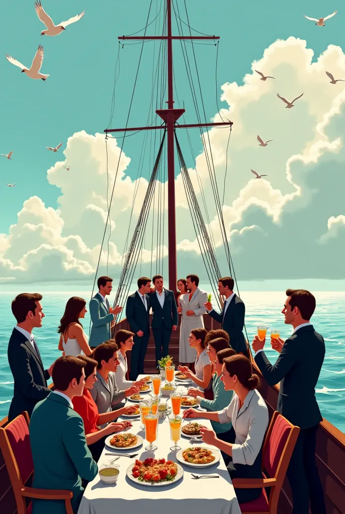 A ship in the middle of the sea with very stylish servants and modern guests who are having fun and dancing, some of them are eating, some of them are eating drinks and food, and the birds are dancing in the sky.