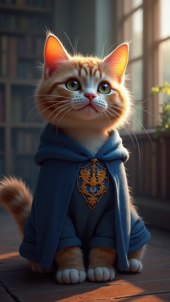 Hogwarts Ravenclaw building student cat, perfect picture,  realistic,  ultra-detailed , HDR, high resolution, flawless lighting, Professional, Vivid colors, shiny, lass, Cute , curious expression, furry, soft glances, sunny interior, rich detail, gölgeler,...