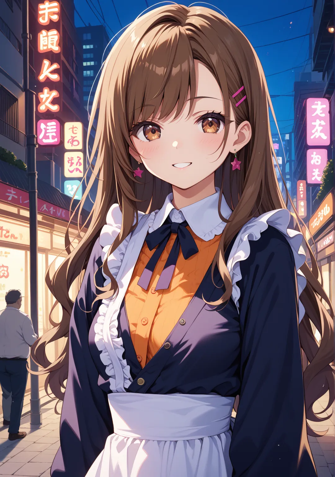 maid clothes,one girl,long hair,straight hair ,brown hair,brown eyes,swept bangs,One breast is coming out,,fat old man,Akihabara