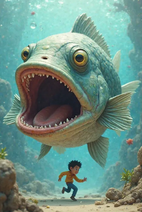 a 3d caricature of a giant tilapya fish big mouth,funny figures,mabilis n paglangoy ,hinahabol nia Ang lalaki