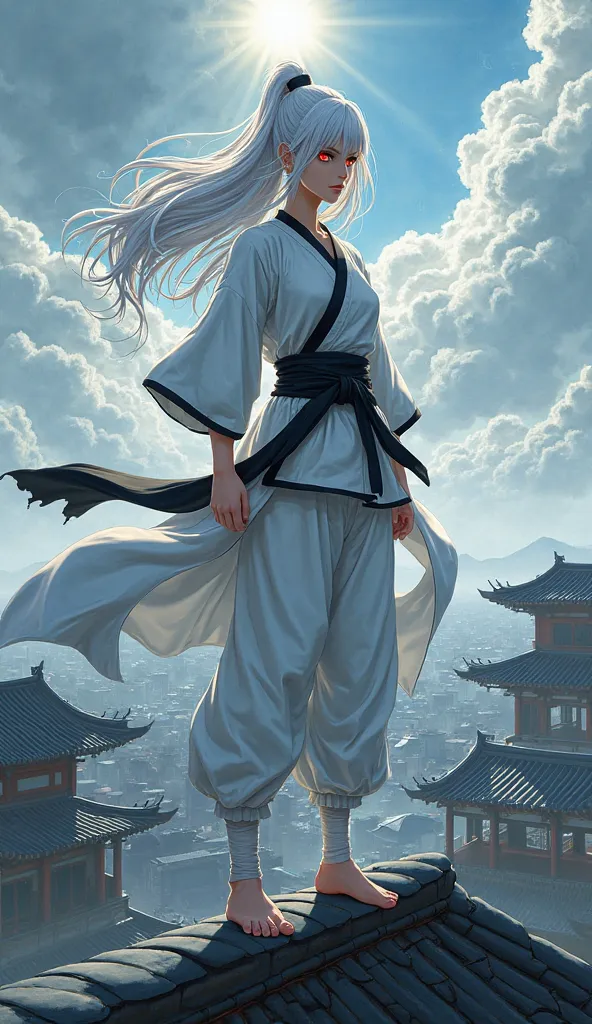 Anime-Style Prompt: A White-Haired Martial Artist on a Rooftop A striking anime-style illustration of a fierce white-haired female martial artist standing atop a traditional Asian rooftop, her piercing red eyes staring into the distance. Her long, flowing ...