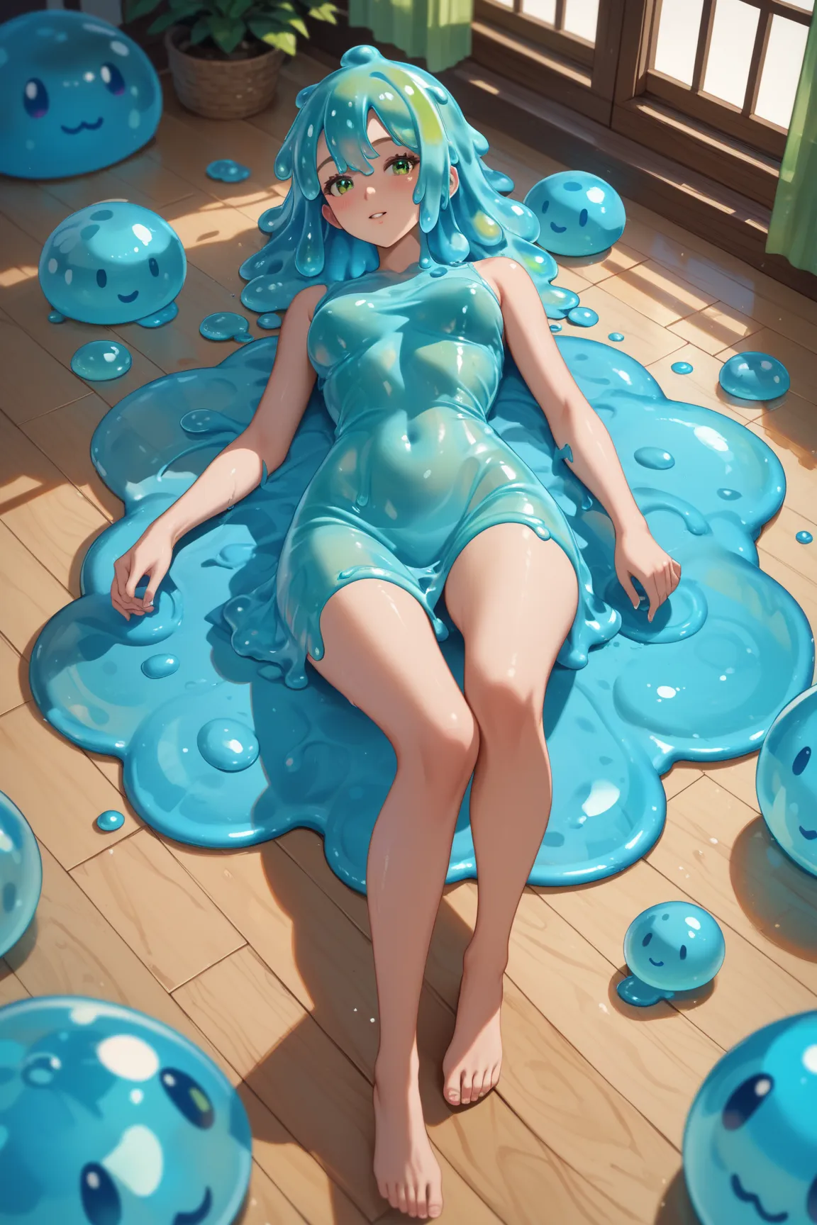 blue slime girl, (girl made of transparent blue slime:1.2), (green hair:1.2), (no clothes:1.3), anime style , lying model pose on the floor, wide shot, masterpiece, best quality, ultra detailed, high resolution, full body shot