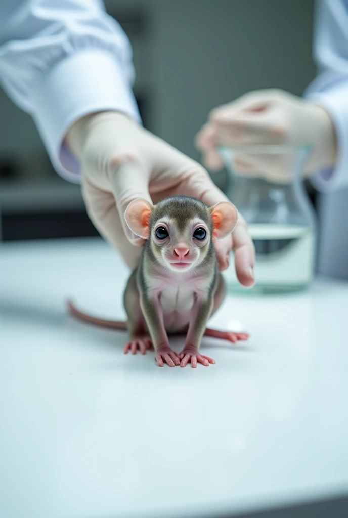 Un laboratoire d'expérimentation animale entièrement blanc et sur la table blanche de ce laboratoire un petit singe terrifié face à une main gantée tenant une grosse seringue remplie de liquide, en très gros plan. 