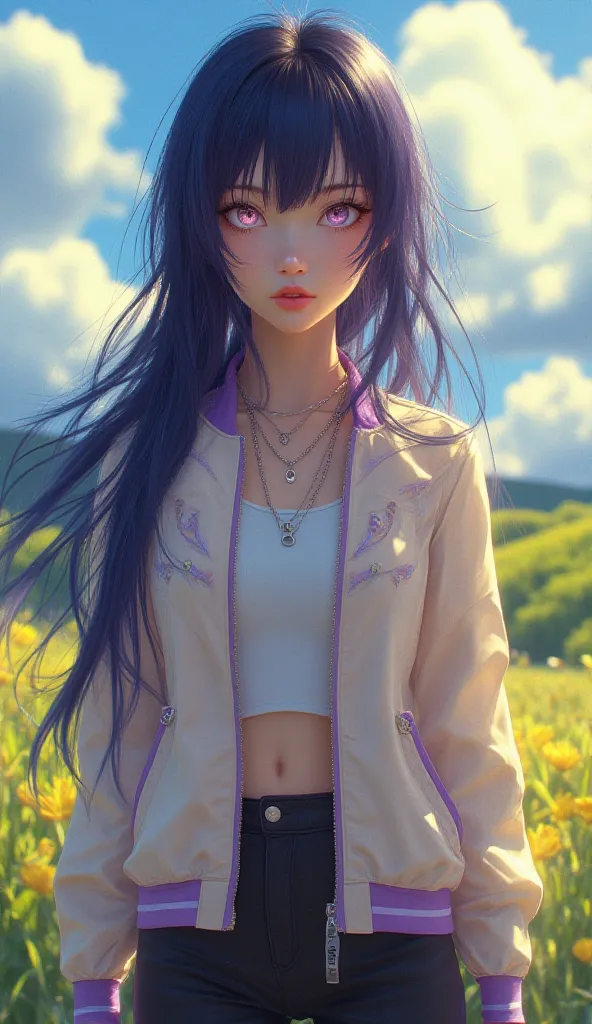 **"Hinata Hyuga, portrayed with ultra-realistic human features, stands gracefully in a vibrant, sunlit landscape. Her iconic lavender-tinted white eyes glow softly, exuding her gentle yet determined aura. Her long, silky dark indigo hair cascades naturally...