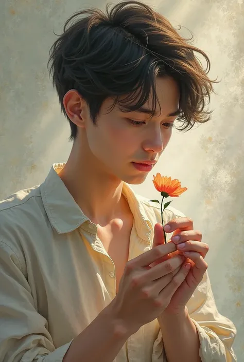 A young man holding a flower