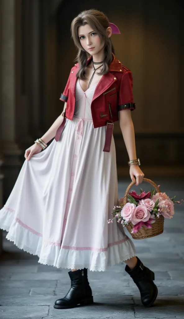 Arafe wearing a white dress and holding a basket of flowers, Aeris Gainsborough, beautiful Aeris Gainsborough,  charming portrait of Aeris ,  Square Enix ,   Final Fantasy characters ,  from Final Fantasy ,  from Final Fantasy  vii, Sakiki Mician 　 Frank F...