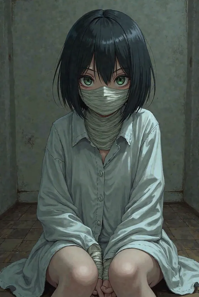  anime girl t-shirt, short black hair, Completely bandaged face only one green eye can be seen on the right,  sitting in front.. with men's long shirt.. covers up to the ankles..