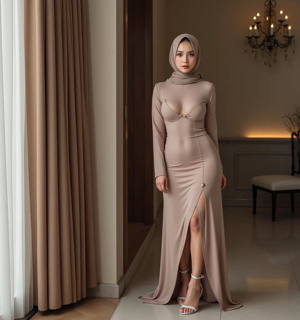 asian women, breasts, ((hijab)), hijaber, long dress flowing,((thin cloth)), high heels stiletto, full body, alluring pose, sensual expression, ((open tits)), slut, whore, worshipped, luxurious villa setting, body accessories jewelry, tight dress, hijab