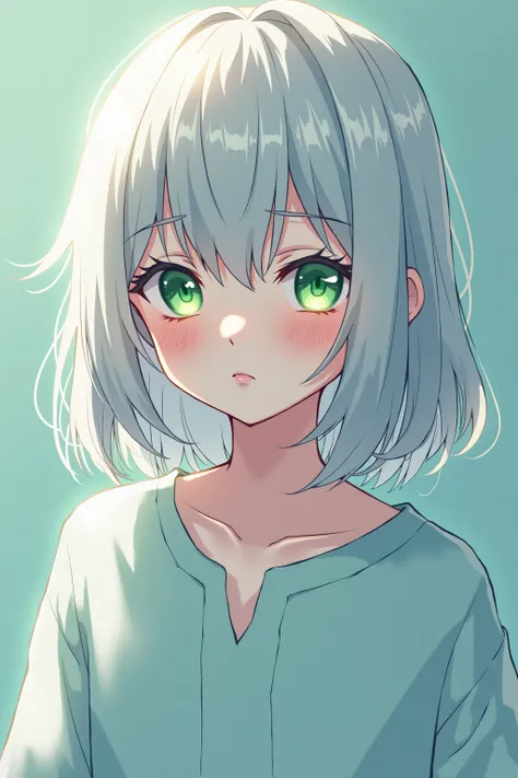 Young, silver hair, green eyes, hospital gown, anime, 
