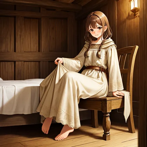 A highly detailed anime fantasy illustration depicting Mirien, a young woman with delicate features, sitting on the edge of a simple wooden bed in a medieval fantasy setting.

She has beautiful brown eyes and medium-length, straight brown hair with slanted...