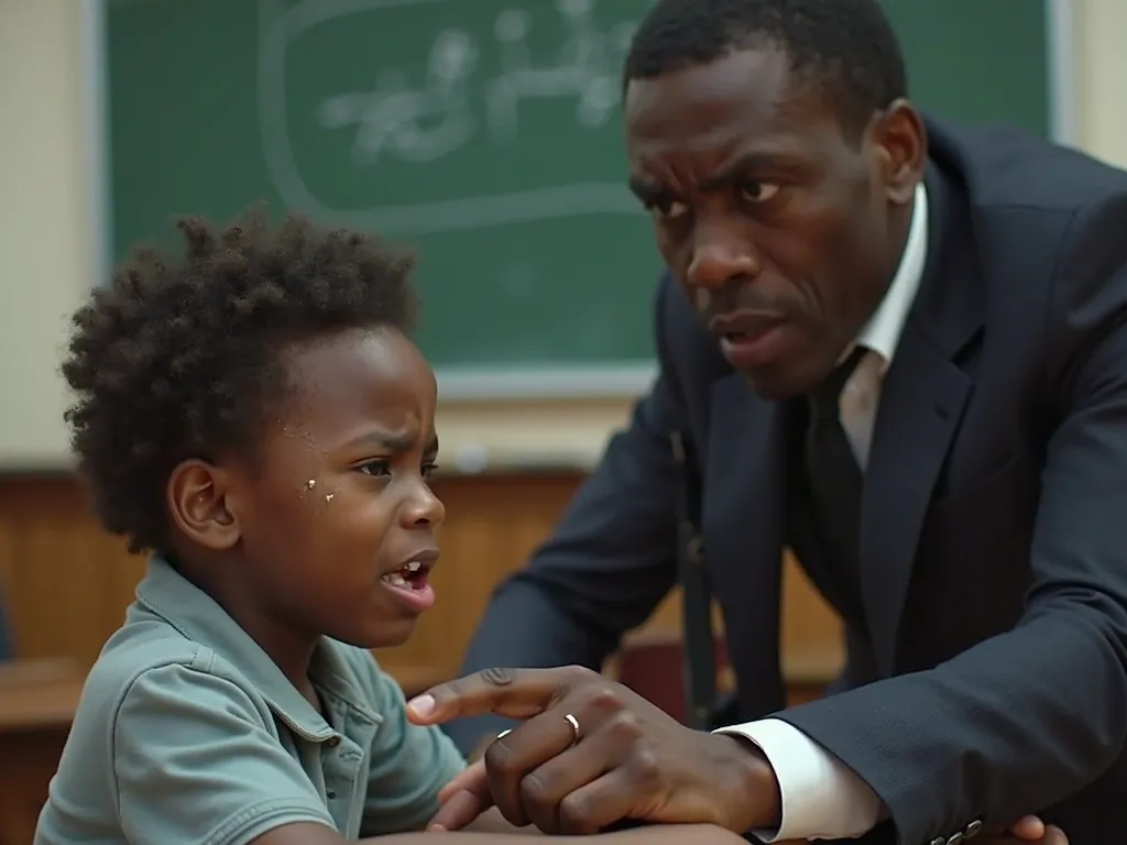 A dramatic YouTube thumbnail about school discipline in France. The image features a young Black  sitting in a classroom, visibly crying, with tears on his face, looking scared while a strict and visibly angry male teacher leans forward, pointing at the  i...