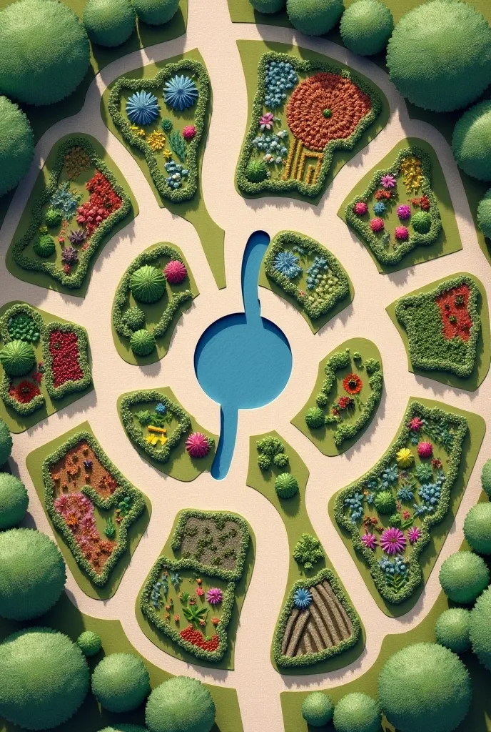 Shape and Layout:

Circular central space with different sections representing elements of nature (e.g., earth, air, water).
Water feature (like a small pond or water channel) symbolizing life and growth.
Paths winding through the garden, with sections ded...