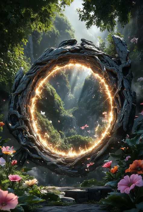 glowing stone portal in a forest with flowers, stunning landscape, fantasy scene, intricate details, magical lighting, lush foliage, sunbeams, ethereal atmosphere, dreamy aesthetic, breathtaking realism, cinematic composition, award-winning digital art, 8K...