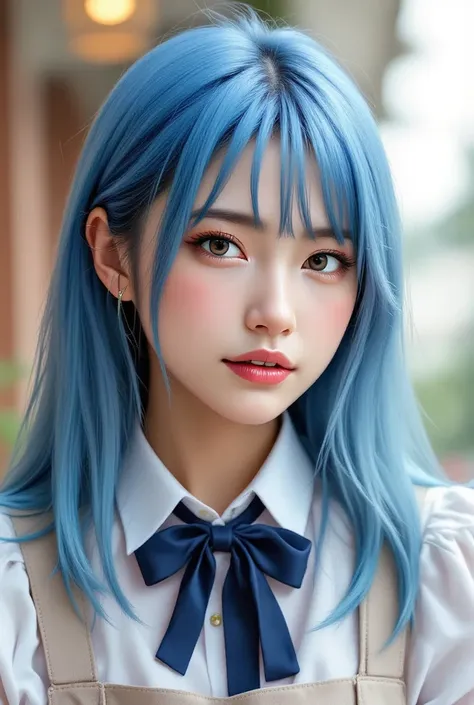 (full body shot:1.5)、((best quality)), ((masterpiece)), ( Details),( one girl), (White European:1)、( beautiful light blue hair)、(Waitress :1)、(Fresh pink lips:1),     ,(Oily and shiny skin:1)