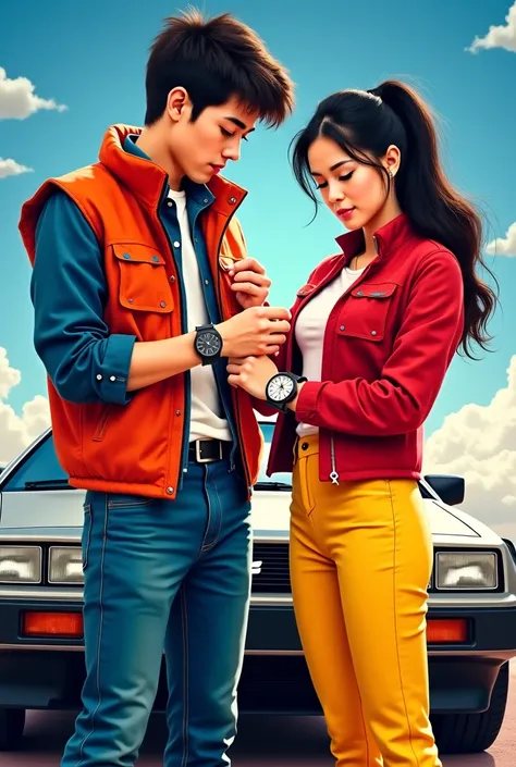 L'affiche du film retour vers le futur avec marty et une jeune femme japonaise en combinaison legging moulant jaune veste rouge et gris  ils regardent leurs montre avec la DeLorean 