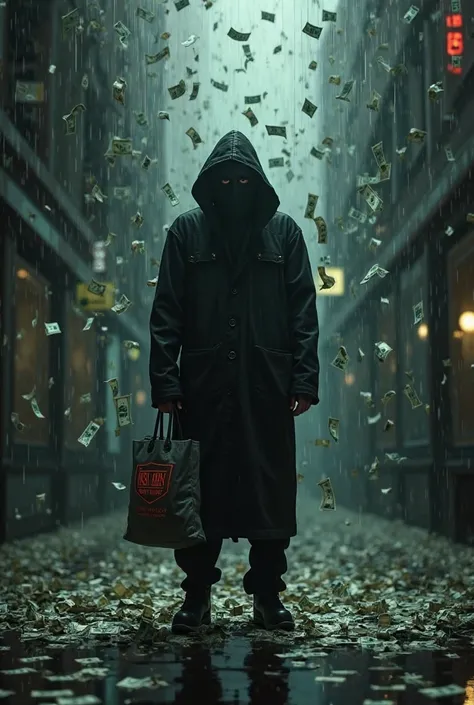 Masked man with a bag with the print dry company 1312 and it rains money in the background 