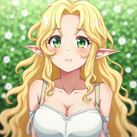 1 girl, long curly hair, Breasts, blond hair, big breasts, elf ears, green eyes, anime,   looks into the distance, in the garden, close-up,  portrait, in white circular open clothes, flowers around,  confused, looks up into the distance, forehead open