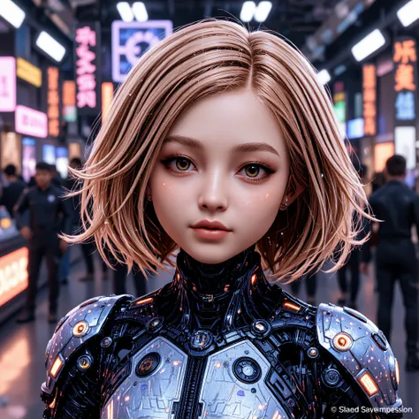 Create an adorable and charismatic humanoid artificial intelligence, designed to be a friendly and trustworthy companion. Her appearance should be young and delicate, with an expressive face and soft features, like big, bright eyes that convey curiosity an...