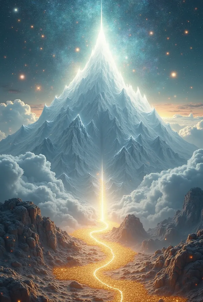 An abstract glowing white mountain of light with dazzling light that leads to a large and bright path of golden particles from the bottom to the top, in a mystical and spiritual space with slime motifs, clouds, galaxies and brilliant colors and abundant de...