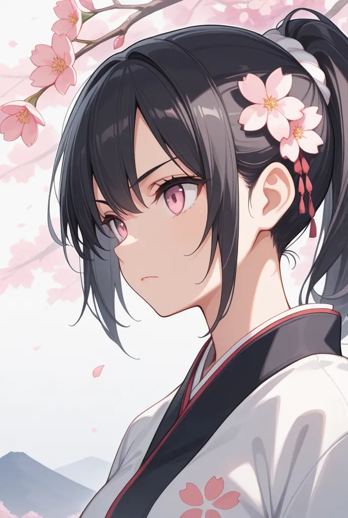 woman, twenty-five year old, solo,
beautiful black hair, ponytail hair,
clear fresh pink eyes, 
front angle,
pride, serious, sakura,
masterpiece, best quality, very beautiful, very detailed, 