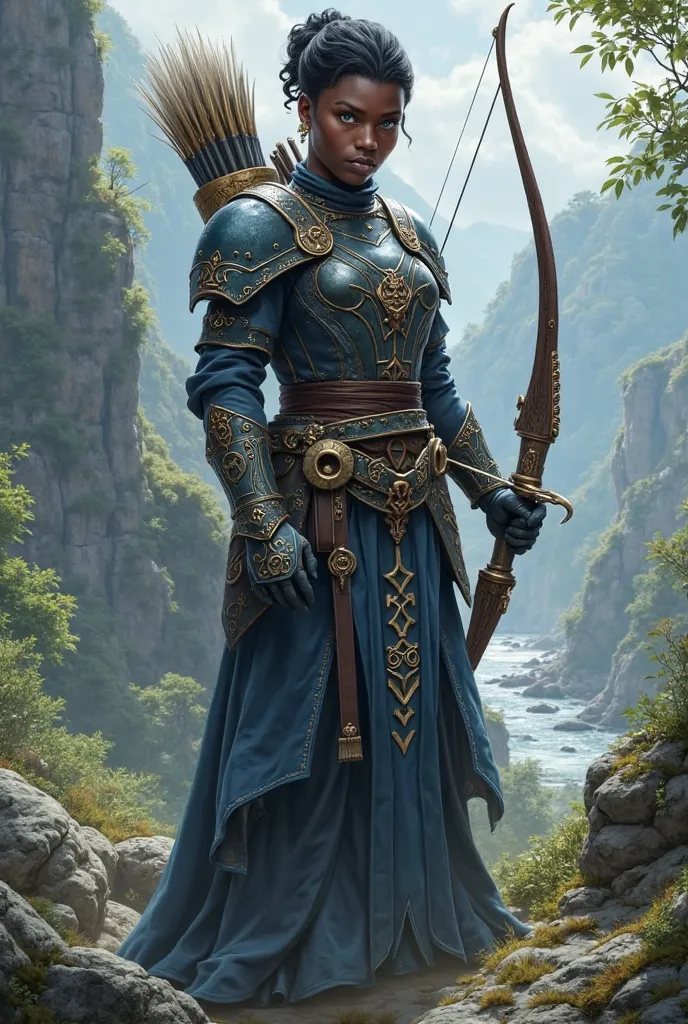 ranger with magic bow, armor, (man), adult, beardless, black hair, blue eyes, full body, african, dark skin