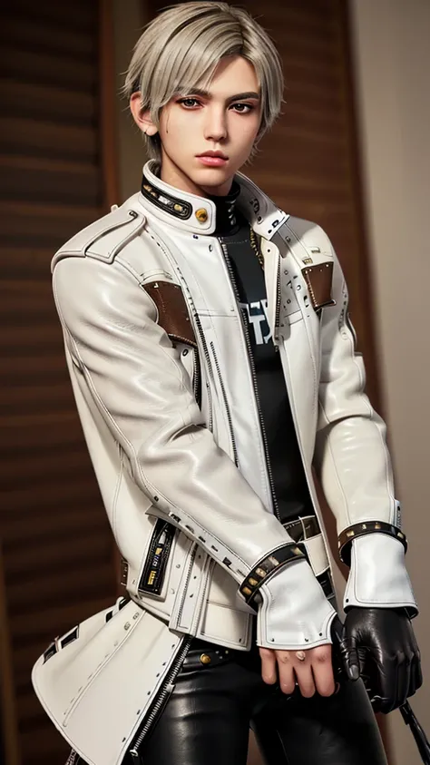 ((Final fantasy taste and reality graphics)), ((Japanese young cute and cool ikemen  boy)), his age is early 20s, thin eyebrows and beady eyes,, (((((boy wearing cream-white color thick leather and single-brest double zipper jacket))))), ,(((((jacket is vo...