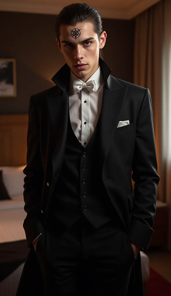 Portrait, standing pose, human  Change Dracula style, Young man 25-age, handsome Dracula,  American Actor Tom , (hair black all back,  beautiful Red eyes,  fore head  tattoo pentagon mark, open mouth , looking  fags and blood),  (Black tuxedo, Black pant, ...