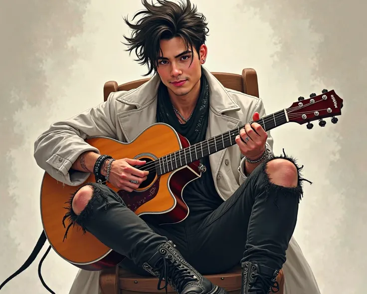 Young rocker man, with a black bandana, sitting on the chair with the guitar on his lap, Smiling looking at the guitar,  long white coat ,  ripped black pants , black boot 