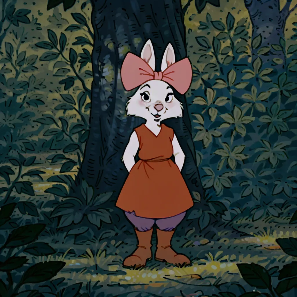 masterpiece, best quality, amazing quality, sisrabbitRHil, semi-anthro, female, rabbit, white fur, red Tunic,Sleeveless tunic, pink  bow, standing, in forest, looking at viewer, from front, Purple Pants, Red Medieval Boots