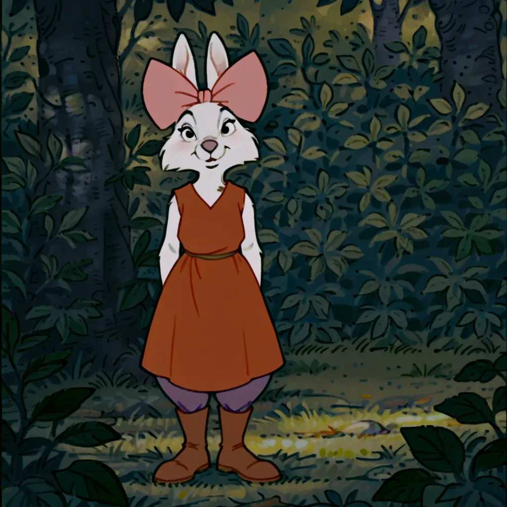 masterpiece, best quality, amazing quality, sisrabbitRHil, semi-anthro, female, rabbit, white fur, red Tunic,Sleeveless tunic, pink  bow, standing, in forest, looking at viewer, from front, Purple Pants, Red Medieval Boots