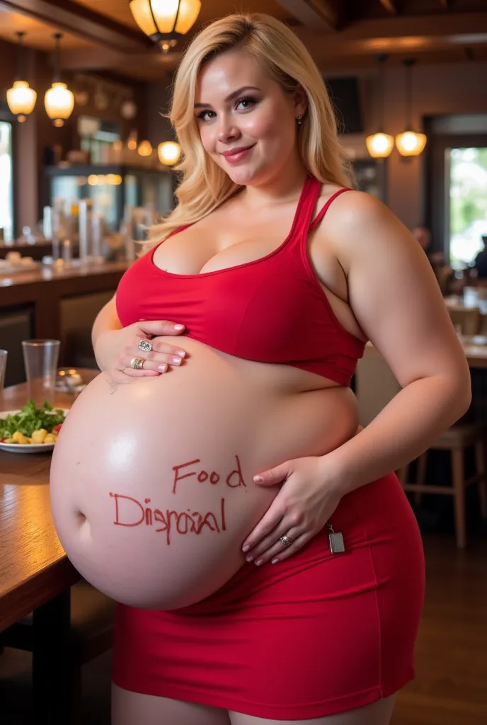 A pretty waitress lady with a massive round belly with her mouth having smears of food on it. She is inside of a restauraunt with the words “Food Disposal” written on her belly in marker. Her belly is exposed. She has huge boobs, and thick thighs.