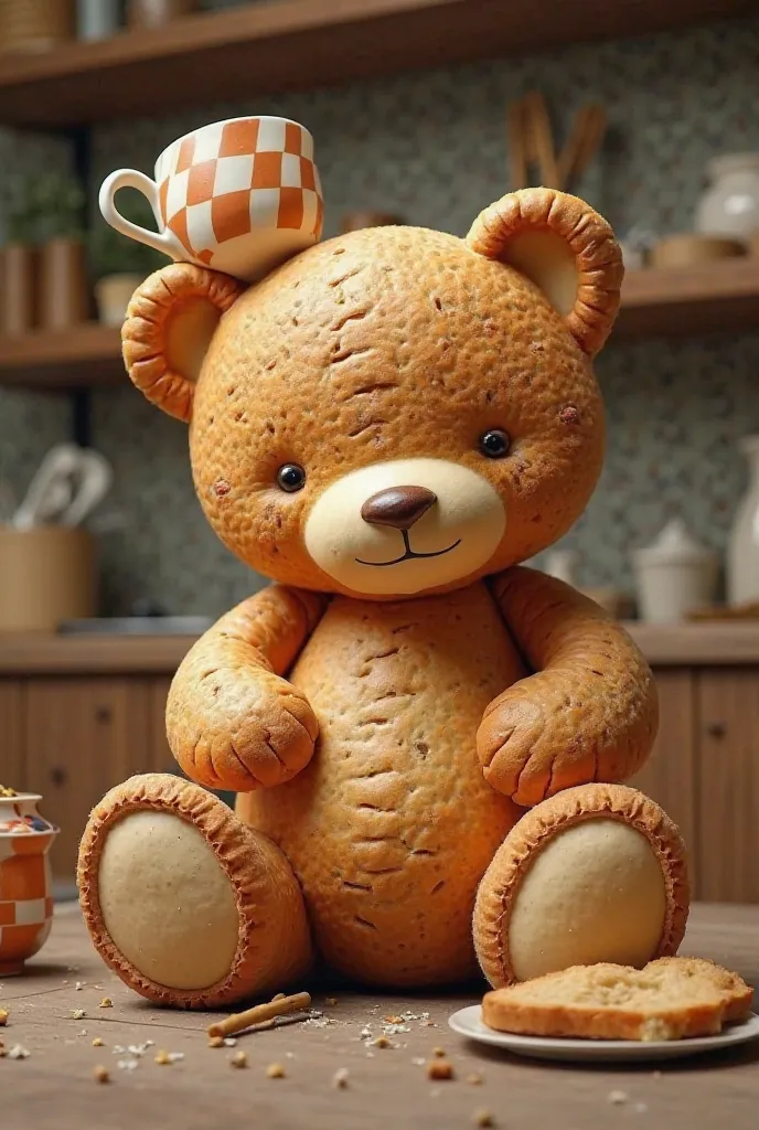 A teddy bear made of bread is sitting in the kitchen and is wearing a checkered mug on its left ear.