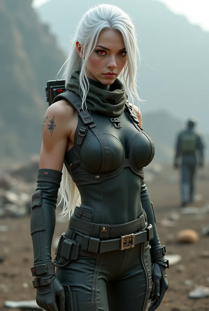 create a woman, with white hair, red eyes, small breasts, big ass, military clothes 