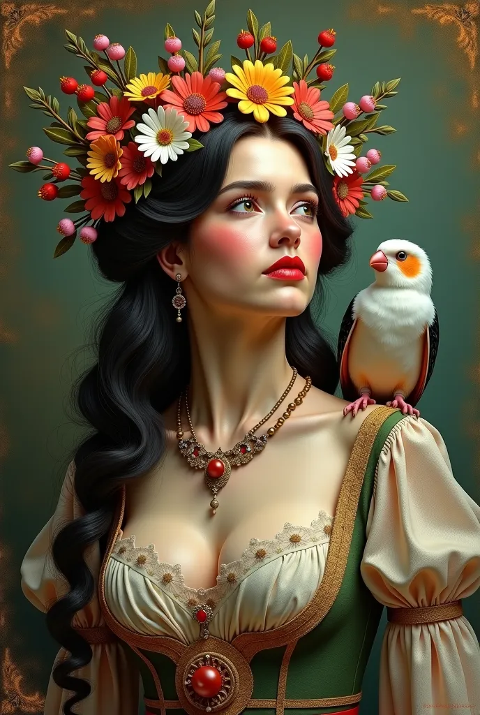 painting of a woman with a bird and a bird on her shoulder, inspired by Michael Cheval, Michael Cheval ( unreal engine , hyperrealistic Art Nouveau, decorated art, Esao Andrews : : decorated, art fantastique victorien, Inspiré par James Christensen, Heathe...