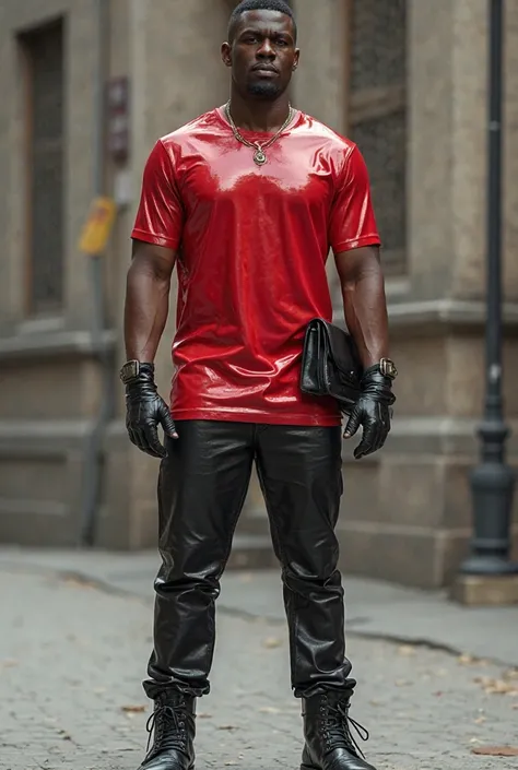 Wearing a shiny red disco dress, shiny black jeans and a purse in the back pocket.  A black man in leather boots and gloves