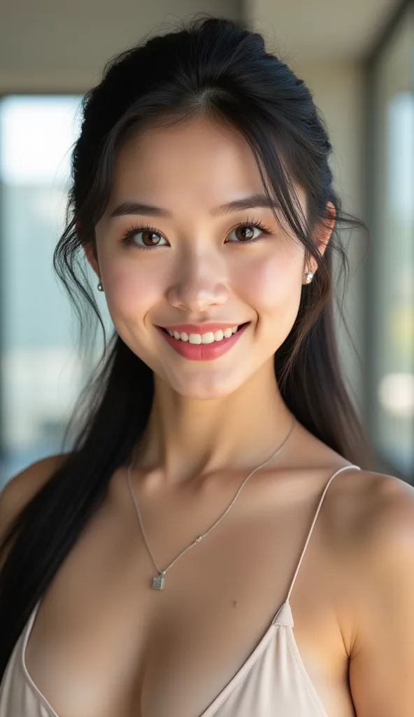 A strikingly beautiful and youthful AI woman, standing confidently in a modern office setting, bathed in soft morning light.

ใบหน้า (Face):
โครงหน้า: Oval face shape, perfectly symmetrical and refined features.
ผิว: Smooth, radiant, Asian yellow skin tone...