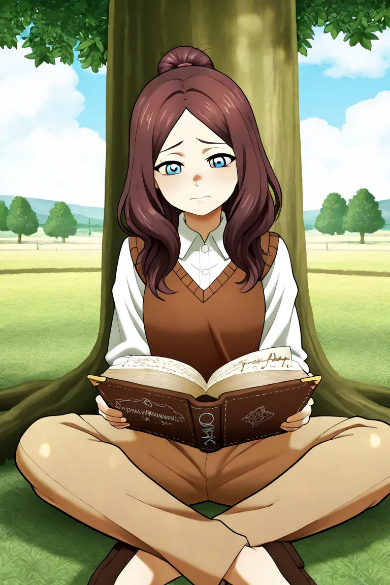 A man named Leonardo Da Vinci in anime style, is sitting under a large shady tree and can be seen in the distance writing in a book.