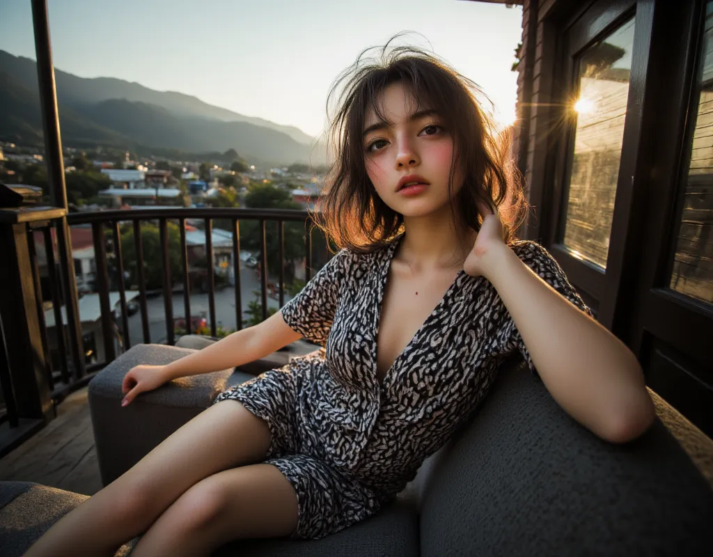 (mountain with city in the background) (Large perky breasts) Flash photography, gyaru, Aesthetically pleasing cinematic composition, epic perspective, dramatic lighting and shadows, symmetrical and detailed, Cute girl with small perky breasts in a black an...