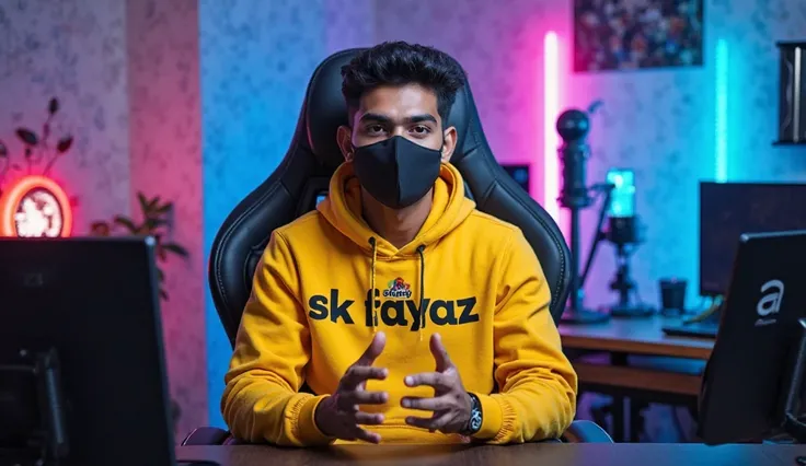 An Indian man sitting confidently on a modern gaming chair in his YouTube studio. He is wearing a bright yellow hoodie with 'sk fayaz 37 boldly printed on it. His face is clearly visible and expressive despite wearing a sleek black COVID-19 mask. The man i...