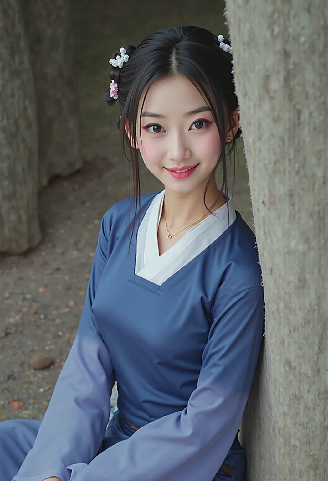 Photo, realistic,looks at one woman,smiles, 
 modelshoot for paper, Hi-Res,
(Chinese girls), (Chinese Model),
upper body, eyebrows are neatly trimmed,
smooth and beautiful), foot, (Navy blue Hanfu),  queen, Cosplay Photo, ( is nice),solo, Hi-Res